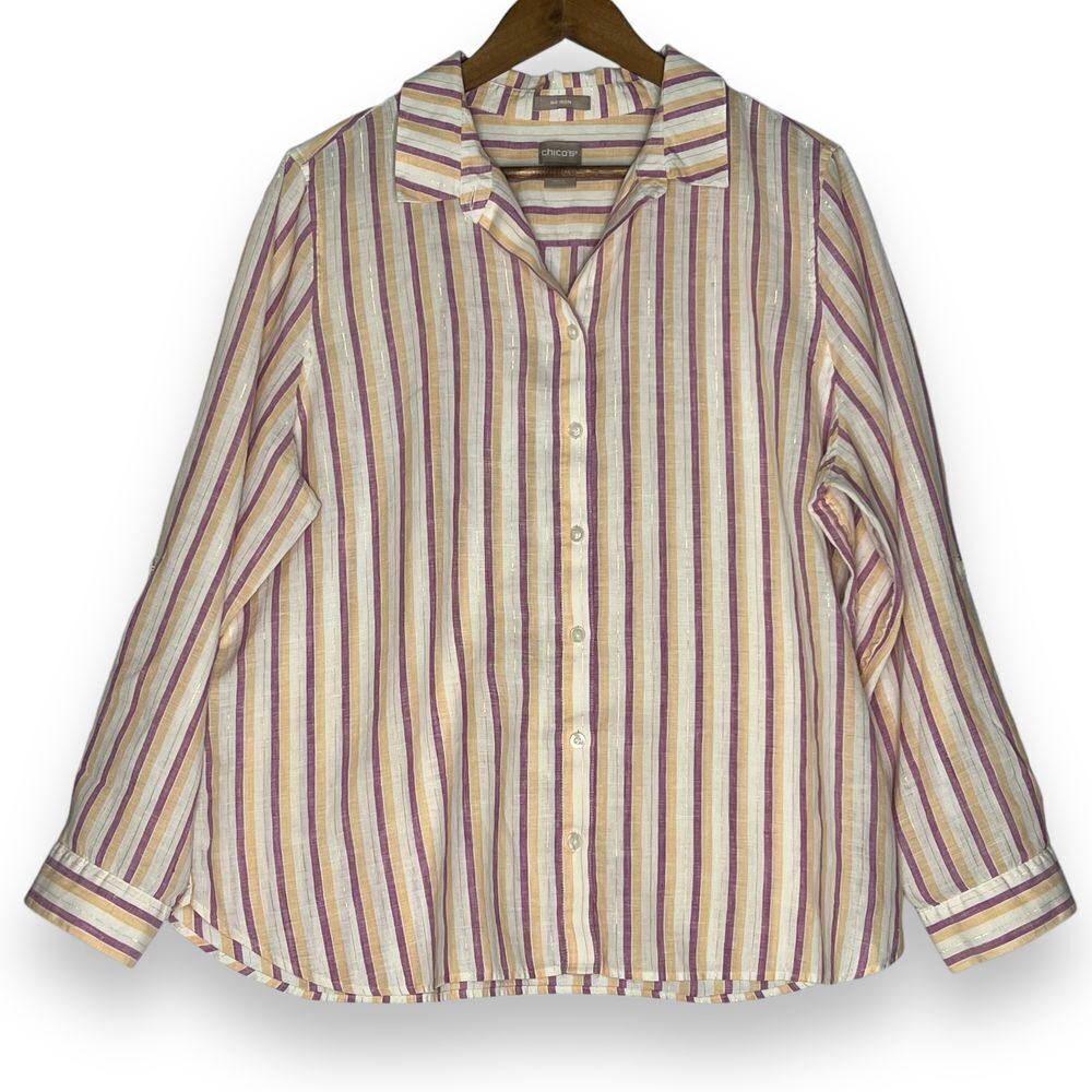 Chico's No Iron Linen Metallic Stripe Button Up Shirt Purple Yellow 3 16 / 18 XL